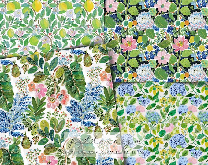 5 Tropical Floral Seamless Pattern Paper Pack, Acrylic Bright Flowers Background for Scrapbooking & Fabric, Digital Download, Trending