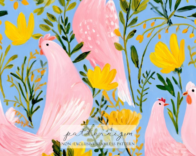 Pink Coquette Chickens Seamless Pattern – Cute Hens with Yellow Flowers on Blue, Painted Farm Repeat Fabric