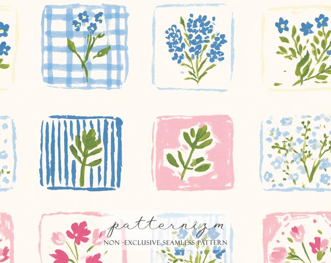 Pink Patchwork Seamless Pattern, Cute Quilt Blocks Repeat, Soft Pastel Cozy Digital Paper Background