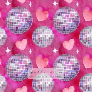May include: Seamless pattern featuring disco balls, hearts, and stars on a vibrant pink watercolor background. The disco balls are composed of small, square tiles in shades of purple, pink, and gray. The hearts are a soft pink, and the stars are white. The text "patternizm" is visible.