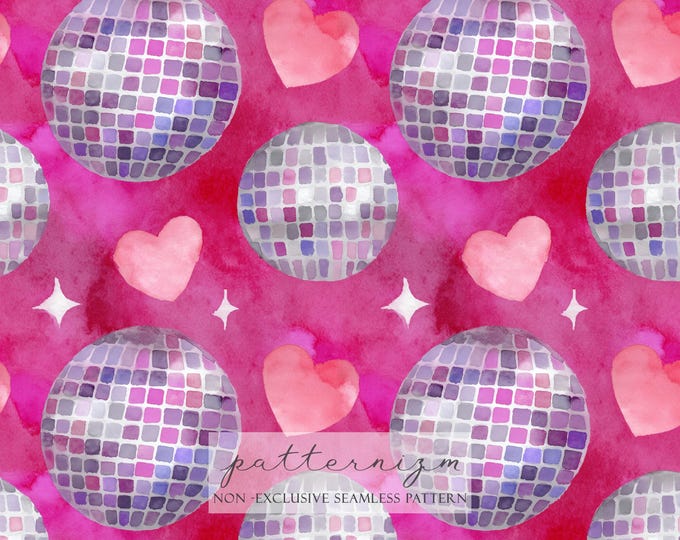 Watercolor Disco Ball Seamless Pattern – Shiny Pink Mirror Balls with Hearts on Magenta Background for Party Crafts & Decor