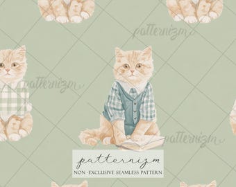 Seamless Storybook Cat Pattern Digital Download – Cute Reading Cat Illustration, Nursery Fabric
