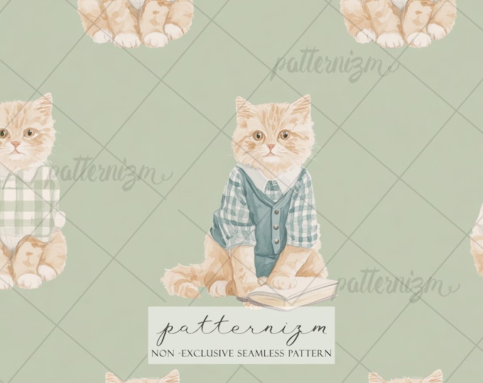 Seamless Storybook Cat Pattern Digital Download – Cute Reading Cat Illustration, Nursery Fabric