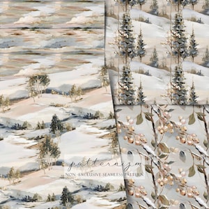 May include: A selection of seamless patterns showcasing winter scenes and botanical motifs. The designs feature snowy hills, evergreen trees, and berry-laden branches, all presented in a soft, painterly style with muted colours.