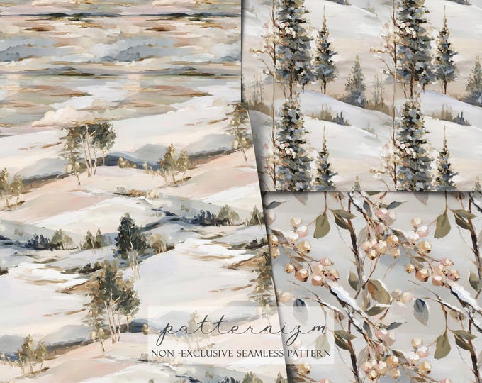 Muted Winter Snowy Scenes Seamless Pattern Paper Pack, 4 Watercolor Landscape Art for Scrapbooking & Fabric, Digital Download, Trending Now