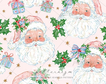 Santa Claus Seamless Pattern Digital Download, Pink Christmas Holly Gifts Vintage Watercolor Holiday Design