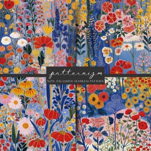 May include: A vibrant floral pattern featuring a variety of colorful flowers in shades of red, yellow, blue, and pink. The design includes daisies, poppies, and other wildflowers. The text "patternizm NON-EXCLUSIVE SEAMLESS PATTERN" is displayed.