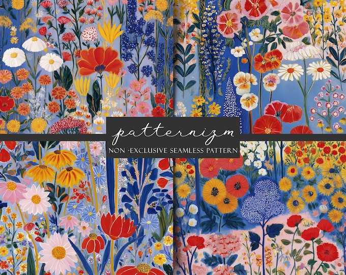 Colorful Painted Floral Field Seamless Design, Bold Summer Garden Repeat for Fabric & Wallpaper