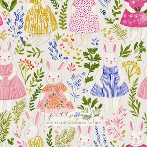 Op de afbeelding: Een herhalend patroon met witte konijnen die jurken dragen in verschillende kleuren en bloemmotieven. De achtergrond is gevuld met groene bladeren en kleurrijke bloemen. De tekst "patternizm" en "NON-EXCLUSIVE SEAMLESS PATTERN" staan onderaan.