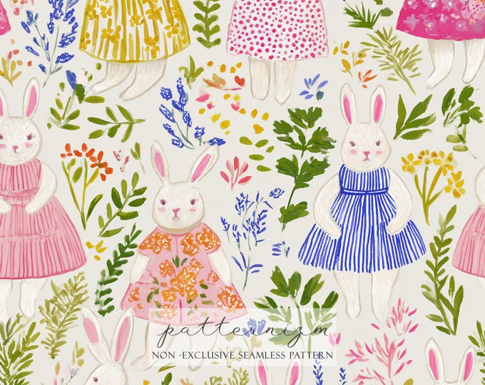 Seamless Easter Bunny Pattern Digital Download – Cute Rabbits in Dresses, Spring Floral Repeat, Whimsical Nursery Fabric Design