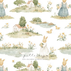 Pode incluir: Padrão sem costura em aquarela com uma cena campestre caprichosa. O design inclui ilustrações encantadoras de coelhos, patos, casas e elementos florais em cores pastel suaves. O texto "patternizm" e "NON - EXCLUSIVE SEAMLESS PATTERN" também são visíveis.