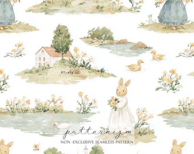 Easter Bunny Toile Seamless Pattern – Countryside Scenes with Ducks and Flowers, Soft Storybook Digital Paper