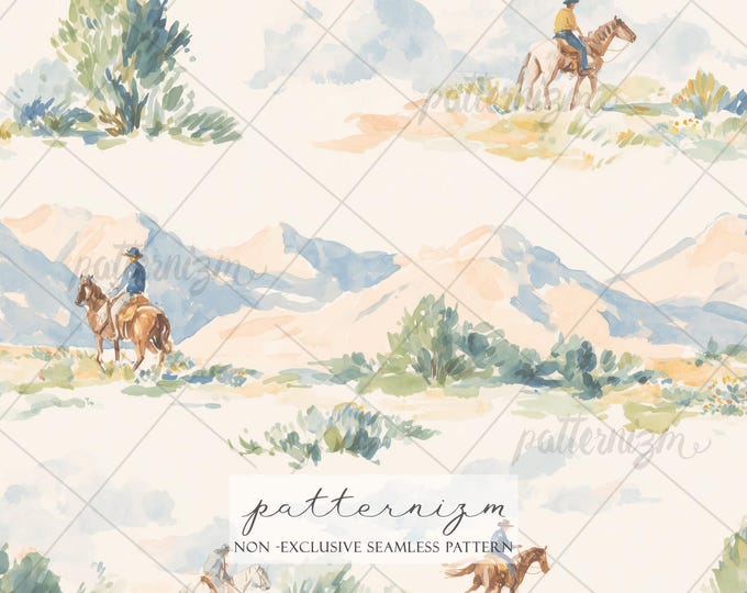 Seamless Western Cowboy Landscape Pattern Digital Download – Watercolor Desert Scene, Rustic Fabric Design