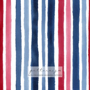 May include: Watercolor seamless pattern featuring vertical stripes in red, pink, and various shades of blue against a white background. The text "patternizm" and "NON-EXCLUSIVE SEAMLESS PATTERN" are visible.