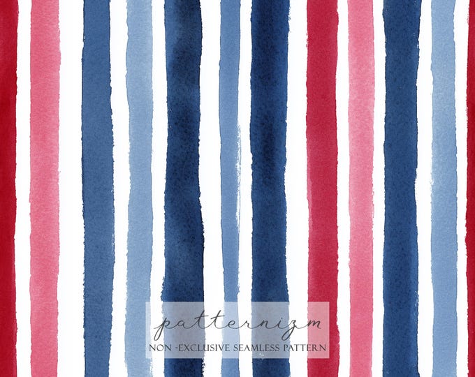 Patriotic Red and Blue Stripes Seamless Pattern – Watercolor 4th of July Vertical Repeat Design for Fabric, Paper and Coastal Decor Projects