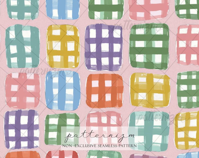 Seamless Colorful Gingham Pattern Digital Download – Drawn Plaid Check Design, Pastel Patchwork Fabric, Retro Kids Nursery Print