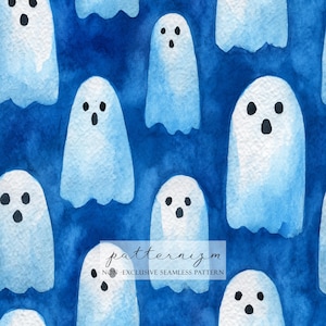 May include: Watercolor pattern featuring white ghosts with black eyes and mouths on a deep blue background. The ghosts are evenly spaced and appear to be floating. The text "patternizm" and "NON - EXCLUSIVE SEAMLESS PATTERN" is at the bottom.