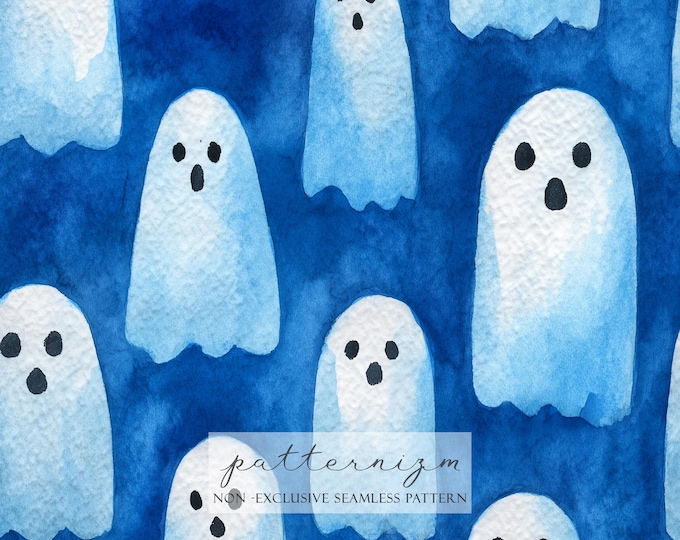 Watercolor Ghost Pattern Digital Paper – Cute Blue Halloween Ghosts, Playful Seamless Spooky Design