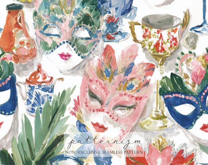 Watercolor Mardi Gras Mask Pattern Digital Paper – Elegant Pearl Trimmed Carnival Masks, Seamless Luxury Design