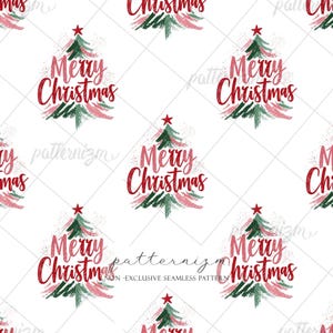 May include: A seamless pattern featuring Christmas trees and the text "Merry Christmas." The trees are green with red star toppers and pink accents. The text is in red, with a textured appearance, set against a white background.