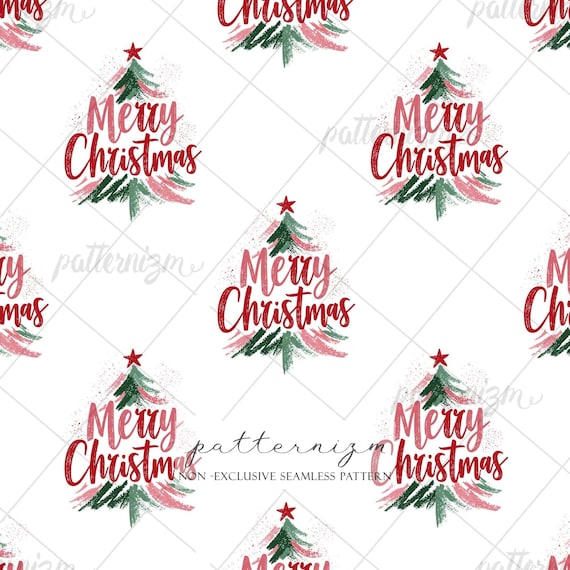 Merry Christmas Seamless Pattern Digital Download – Retro Holiday Typography & Tree Design, Festive Fabric Print