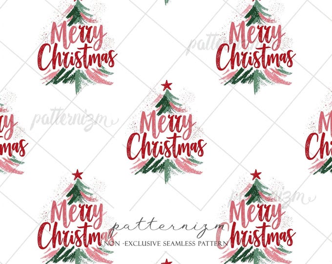 Merry Christmas Seamless Pattern Digital Download – Retro Holiday Typography & Tree Design, Festive Fabric Print