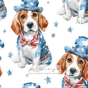 May include: A seamless watercolour pattern featuring beagle dogs in patriotic outfits. The dogs wear blue hats and jackets with white stars and red, white, and blue bow ties. Blue stars are scattered on a white background.