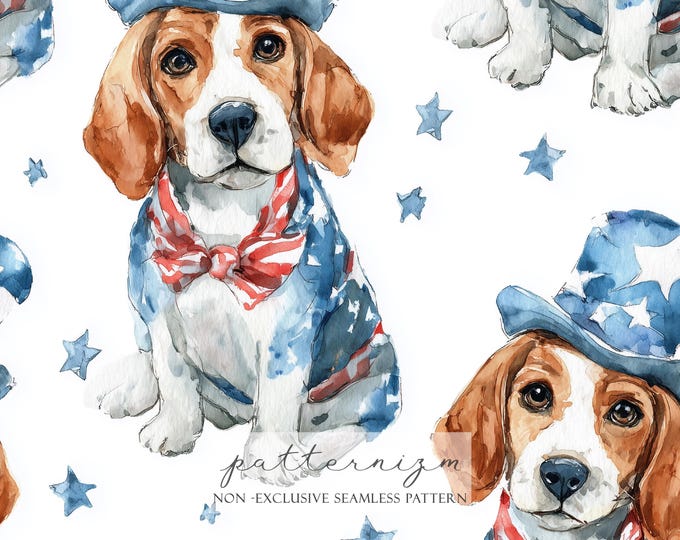 Patriotic Beagle Seamless Pattern – 4th of July, Cute Dog in Star Hat Bow Tie, Red Blue Themed Digital Paper for Crafts and Decor, America