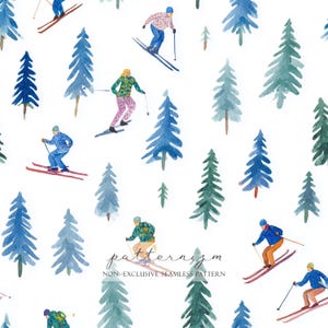 Może przedstawiać: Wzór akwarelowy przedstawiający narciarzy w kolorowych strojach, jeżdżących na nartach wśród niebieskich i zielonych sosen na białym tle. Tekst "patternizm" i "NON-EXCLUSIVE SEAMLESS PATTERN" znajduje się na dole.