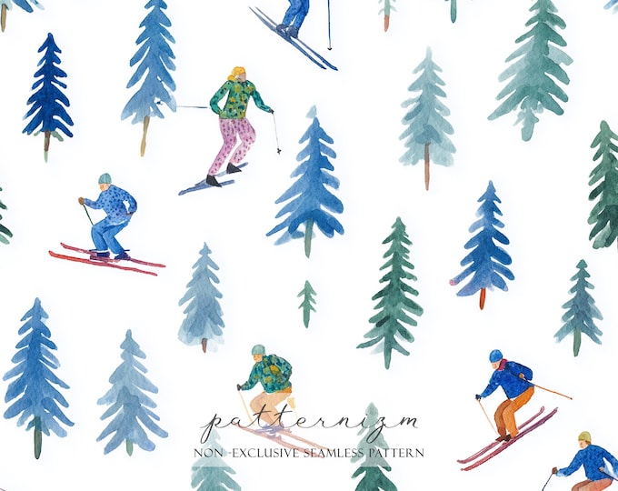 Skiers and Pine Trees Seamless Pattern – Winter Sports Scene in Watercolor, Snowy Forest Digital Paper for Holiday Crafts