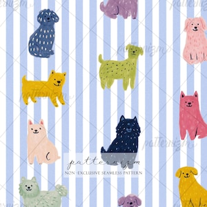 May include: Seamless pattern featuring colorful cartoon dogs on a blue and white striped background. The dogs are in various colors, including yellow, pink, blue, and green. The text "patternizm" and "NON - EXCLUSIVE SEAMLESS PATTERN" are also visible.