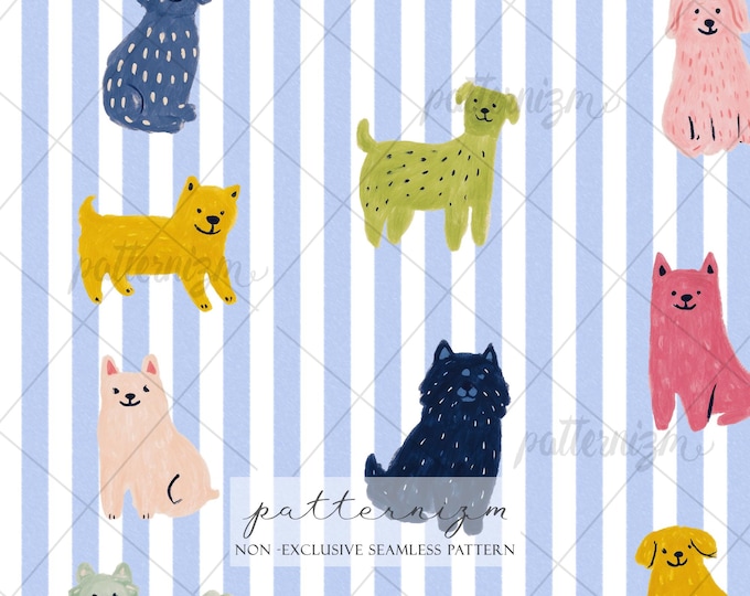 Seamless Cute Dog Pattern Digital Download – Playful Puppy Stripe Design, Kids Nursery Fabric, Colorful Cartoon Pet Print