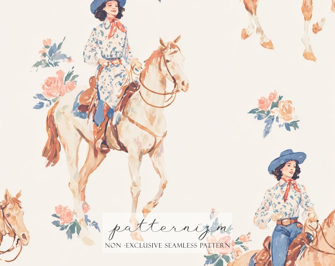 Watercolor Cowgirl Pattern Digital Paper – Vintage Western Woman on Horse, Feminine Seamless Design