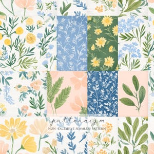 Pode incluir: Uma coleção de padrões florais em aquarela em várias cores, incluindo amarelo, azul, pêssego e verde. Os desenhos apresentam flores e folhagens em um fundo branco. O texto "patternizm" e "NON-EXCLUSIVE SEAMLESS PATTERN" são visíveis.