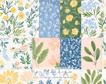 Aquarel lente patchwork naadloos patroon digitaal papier – zacht collageontwerp met bloemen voor knutselen en stof