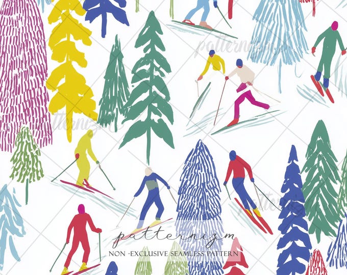 Winter Ski Scene Seamless Pattern – Playful Snow Sport Illustration, Colorful Drawn Repeat