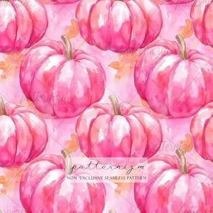May include: A seamless repeating pattern featuring watercolor-style pink pumpkins with brown stems on a light pink background with faint orange leaf shapes. The center includes a white rectangular overlay with the text patternizm NON-EXCLUSIVE SEAMLESS PATTERN.
