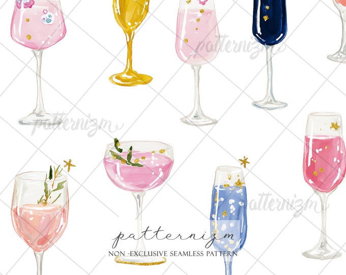 Seamless Cocktail Pattern Digital Download – Chic Champagne Glass Print, Girly Party Drinks Design, Celebration Pattern, Bachelorette Decor