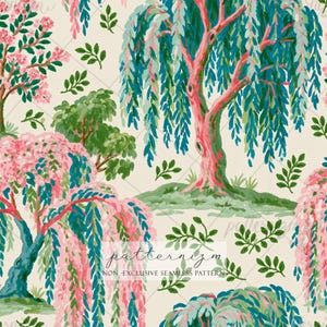 Peut inclure: Motif sans couture avec des arbres stylisés aux feuillages roses, turquoise et verts sur fond crème. Le motif comprend des saules pleureurs et d'autres arbres, avec le texte "patternizm" et "NON-EXCLUSIVE SEAMLESS PATTERN".