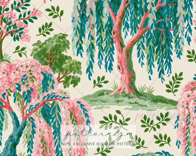 Seamless Willow Tree Pattern Digital Download – Romantic Cottagecore Botanical Print, Pink Garden Landscape Fabric & Nature Decor
