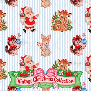 May include: A repeating pattern on a light blue and white striped background featuring illustrations of Santa Claus, a fawn with a red bow, a kitten holding a blue ornament, and a rabbit with a candy cane, with a banner reading Vintage Christmas Collection.