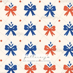 Puede incluir: Patrón repetitivo de lazos rojos y azules sobre fondo crema. Pequeños puntos rojos salpican el diseño. El texto "patternizm" y "NON - EXCLUSIVE SEAMLESS PATTERN" se encuentra en la parte inferior.