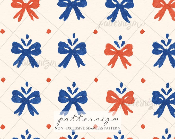Seamless Patriotic Bow Pattern Digital Download – Red Blue Painted Ribbons, Americana Fabric Design
