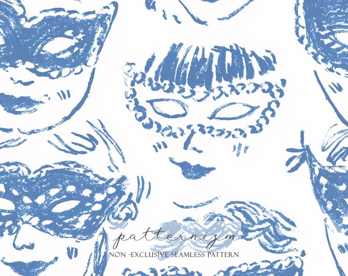 Mardi Gras Mask Faces Seamless Pattern – Blue Sketch Carnival Illustrations, Playful Digital Paper for Fabric & Crafts