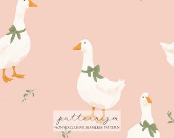Cute Goose Seamless Pattern – White Ducks with Sage Bows, Soft Pastel Easter Spring Design for Nursery & Fabric