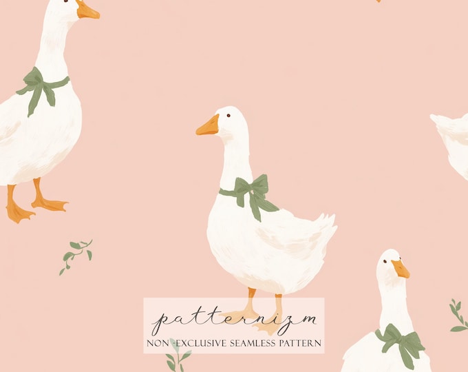 Cute Goose Seamless Pattern – White Ducks with Sage Bows, Soft Pastel Easter Spring Design for Nursery & Fabric