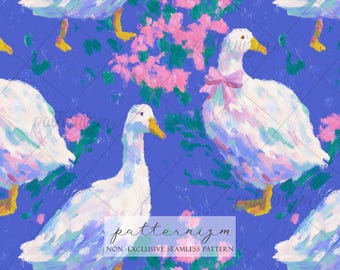 Seamless Painterly Goose Pattern Digital Download – White Duck with Pink Bow & Floral Design, Whimsical Blue Fabric for Nursery Crafts