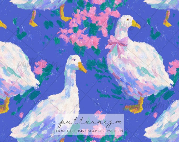 Seamless Painterly Goose Pattern Digital Download – White Duck with Pink Bow & Floral Design, Whimsical Blue Fabric for Nursery Crafts