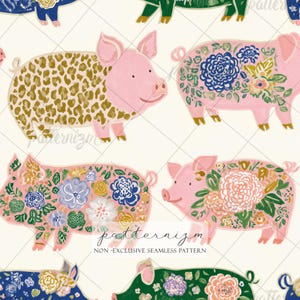 May include: Seamless pattern featuring pink pigs with floral and leopard print designs. The pigs are adorned with blue, gold, and pink flowers. The background is a cream color. The text "patternizm" and "NON - EXCLUSIVE SEAMLESS PATTERN" are at the bottom.
