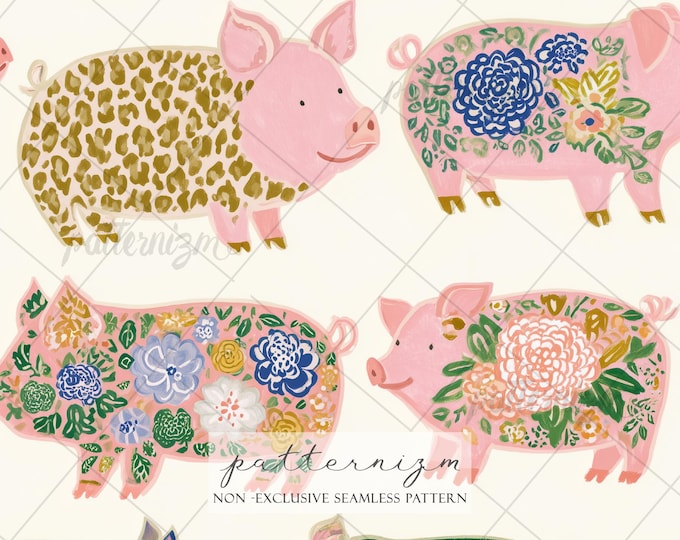Seamless Colorful Pig Pattern Digital Download – Whimsical Farm Pig with Decorative Flowers, Cute Cottagecore Fabric Print
